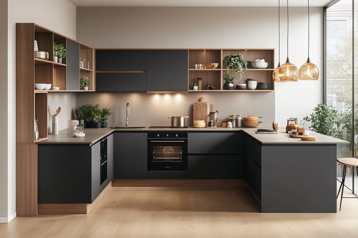 Contemporary Open Kitchen Design with Grey and Tawny Balsam Cabinets